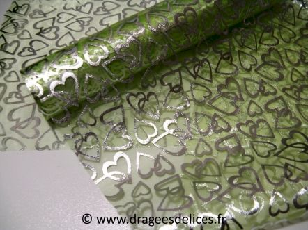 Chemin de table coeurs organza en fin de série : Chemin de table en organza avec motifs coeur vert menthe en promo