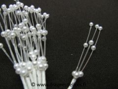 Tige de trois brins de perles pour décorer tulles et boites dragées Blanc