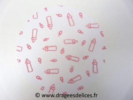 Tulle floqué biberon pour baptême garçon et fille : Rond à dragées flocké biberons baptême rose fille