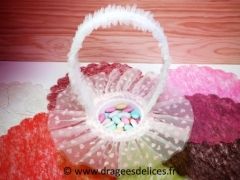 Panier de table en tulle avec coeurs pour présenter vos dragées Rose