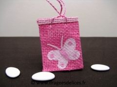 Lot de 14 sacs en jute avec déco papillon pour baptême fille Fuchsia