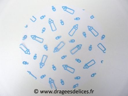 Tulle floqué biberon pour baptême garçon et fille : Rond à dragées flocké biberons baptême bleu ciel garçon