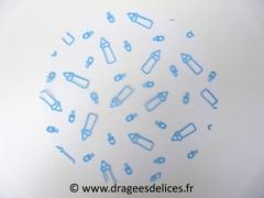 Tulle floqué biberon pour baptême garçon et fille Bleu ciel