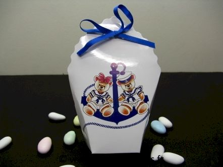 Ballotin pour baptême oursons garçon et fille ancre de marine : Ballotin pour baptême en carton glacé oursons ancre de marine