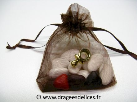 Sac en organza pas cher pour mariage baptême et communion : Sac en organza pas cher à garnir de dragées couleur marron chocolat