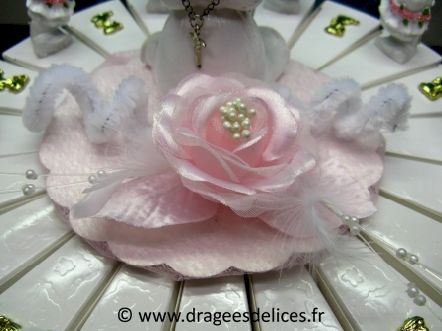 Gâteau communion fille pour dragées avec résines et communiantes or : Détail du centre du Gâteau communion fille