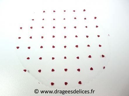 Tulle floqué cœurs à garnir avec des dragées : Tulle flocké coeurs bordeaux à garnir avec des dragées