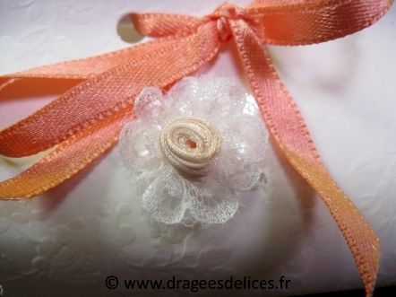 Fleur pas chère à coller avec collerette en dentelle pour décoration : Fleur pas chère avec collerette en dentelle pour décoration de boite dragées