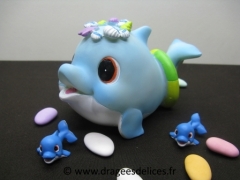 Tirelire dauphin pour cadeaux baptême garçon ou fille Bleu ciel