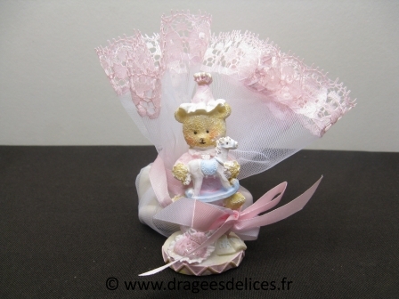 Nounours sur son ballon pour baptême fille