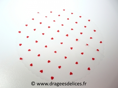 Tulle floqué cœurs à garnir avec des dragées : Tulle flocké coeurs rouge à garnir avec des dragées