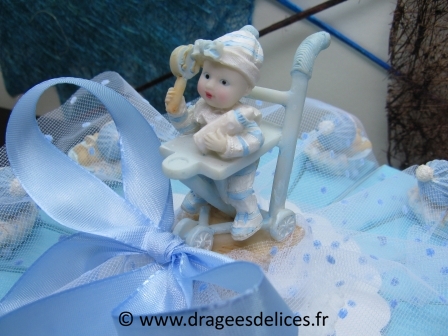 Gâteau pour baptême garçon bébé dans son bassin : Sujet au centre du gâteau avec ruban en satin pour baptême garçon