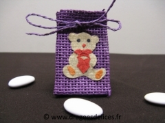 Sac en toile de jute ourson mignon pour baptême garçon Violet