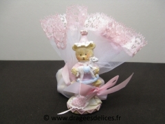 Nounours sur son ballon pour baptême fille 